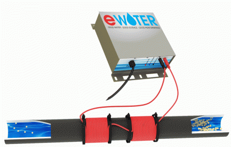 Sơ đồ lắp đặt thiết bị xử lý cáu cặn và rong tảo EWATER cho tháp giải nhiệt tròn.